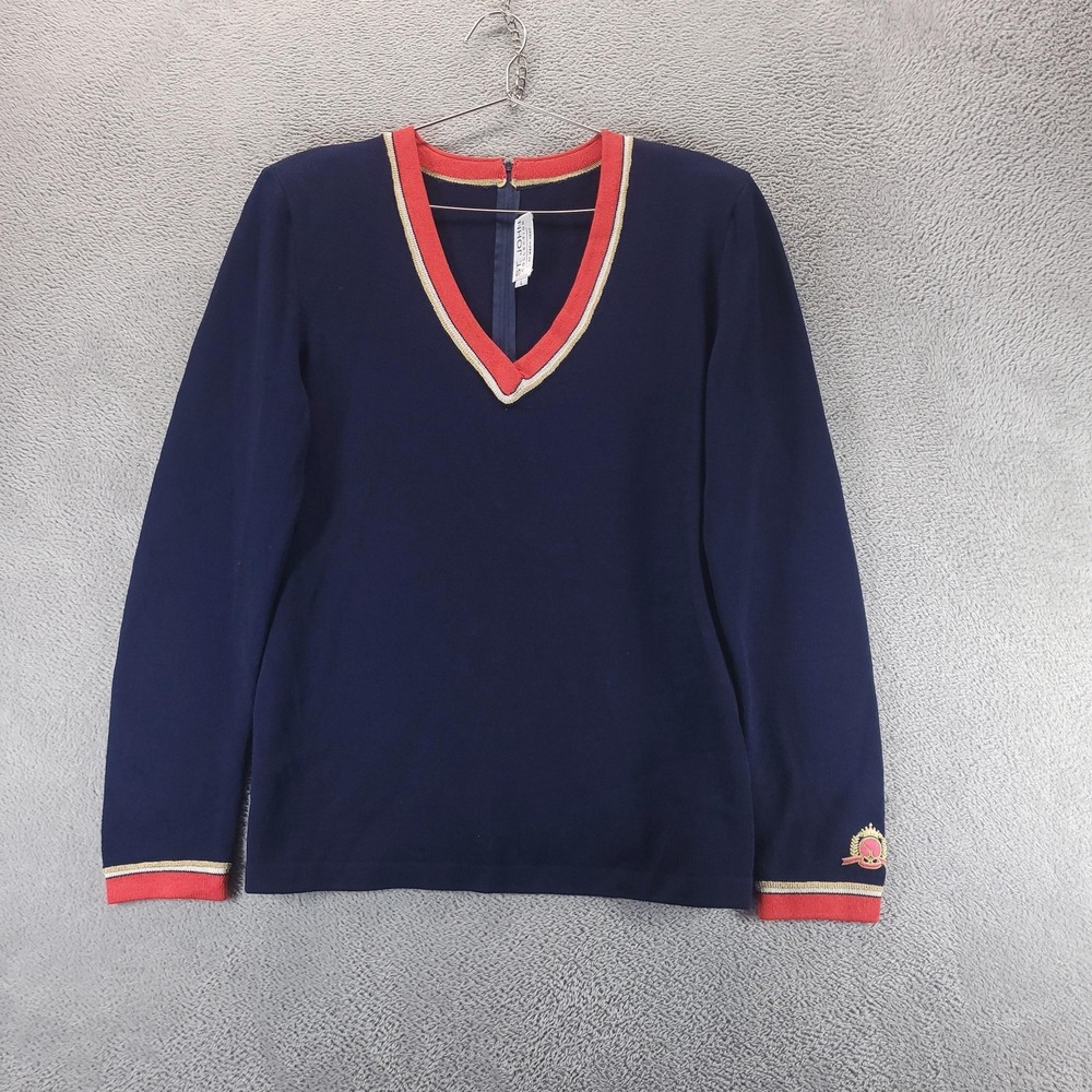 St. John Collection Sweater Womens L Navy Blue V Neck Tennis Logo Knit Pullover